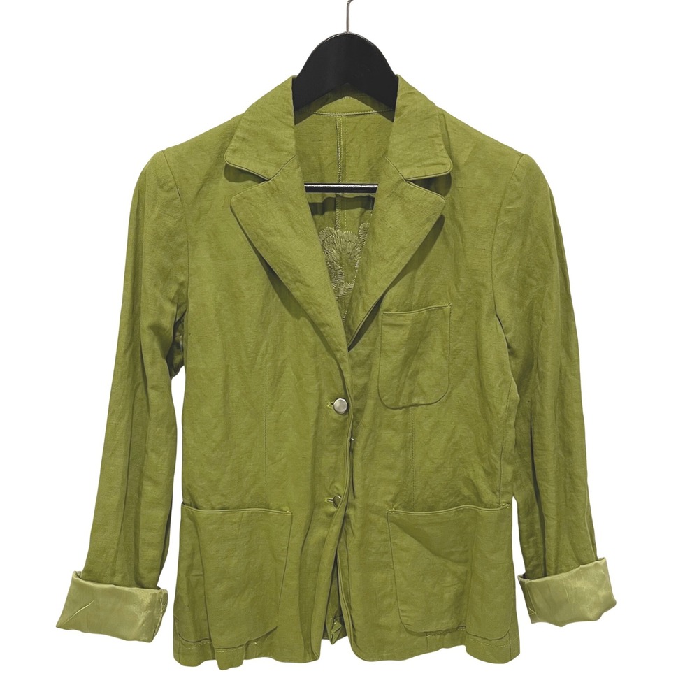 Empresa Linen Blend Blazer Jacket Women Green Embroidered Back Italy 44 US 8 M